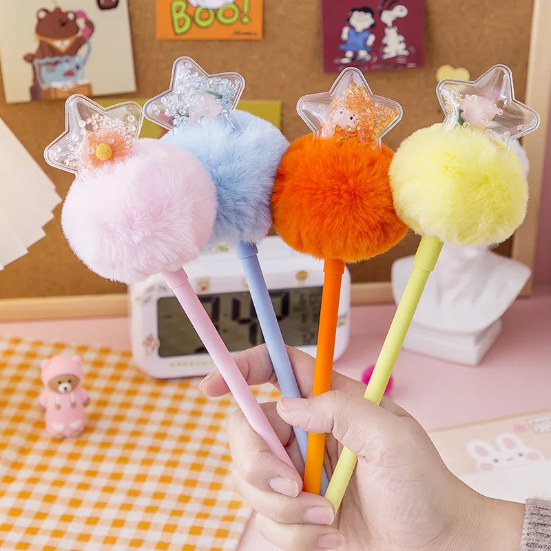 Gel Pens 0.5mm Black Ink Cute Girl Women Faux Fur Pom Pom Ball Pendant Gel Ink Pen Gift Office School Supplies