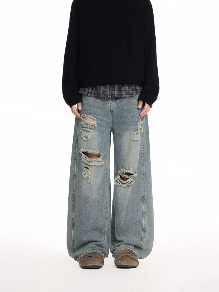 Casual Heavy-duty Washed Retro Ripped Jeans Men's 2026 Spring Straight Loose Wide-leg Pants