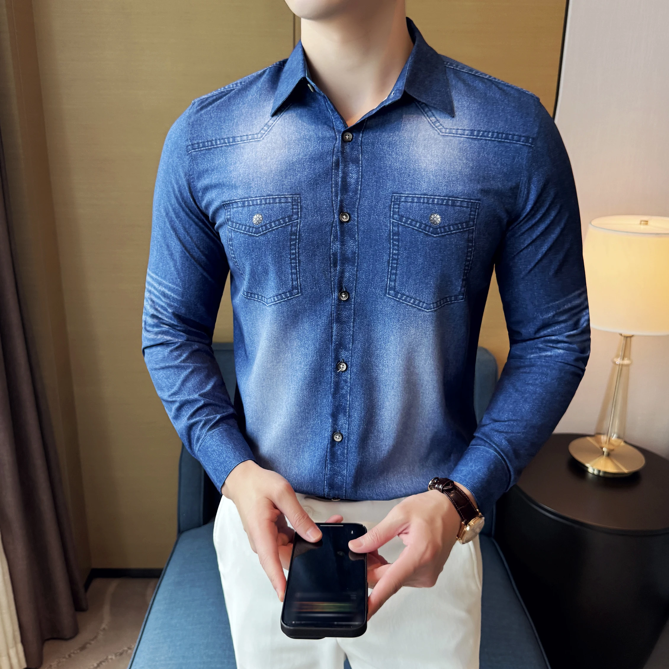 قمصان طويلة الأكمام للرجل الكورية موضة الدنيم مثل سليم صالح الرجال الاجتماعية قميص رفض طوق بلوزة مكتب عادية أوم 4XL