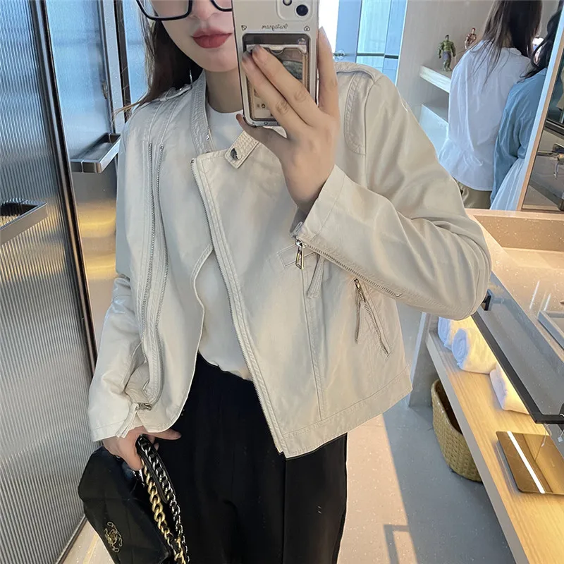 

Spring Women Stand Collar Slim Short Faux Leather Coat Autumn Female Long Sleeve Cropped Biker Jacket Streetwear Pink Blue Black