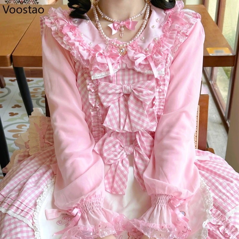 النمط الياباني Kawaii لوليتا بلوزة المرأة لطيف القوس الدانتيل الكشكشة بيتر بان طوق قمصان طويلة الأكمام الحلو الأميرة Blusas القمم #5