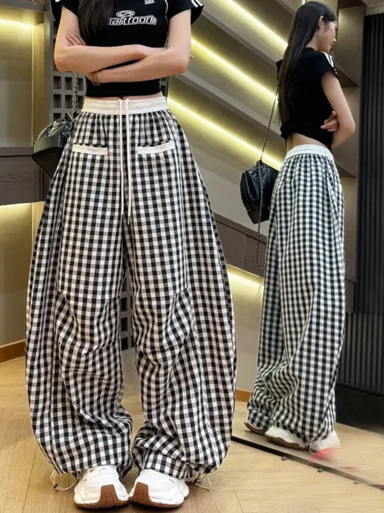 Pantaloni scozzesi retrò Harajuku Pantaloni larghi casual a vita alta da donna Streetwear Pantaloni larghi vintage americani Bf Novità