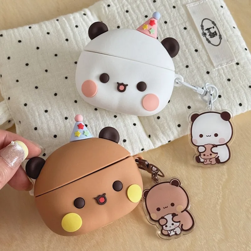 Kawaii Panda Bear Soft Silicone 3D Stereo with Doll Keychain Headphones Case for AirPods 3/4 Pro 1 Pro2 Pro3 Anti-Fall Cover