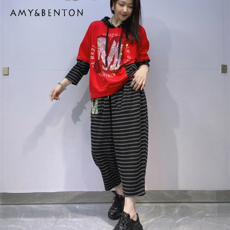 

Oversized Fake Two-Piece Hoodie Sweatpants Outfits For Women's 2025 Autumn Winter Fashion Rhinestone Hoodies And Harem Pants Set