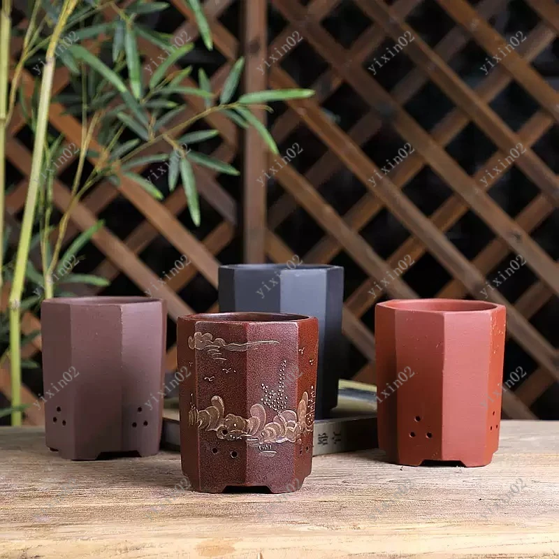 

Hexagonal Breathable Rough Clay Planter Unglazed Purple Sand Pot for Indoor Outdoor Plant Decor