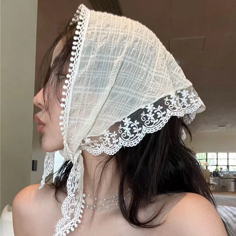 Korean Ins Lace Hair Scarf Women Retro Triangle Hair Band Strap Hair Bag Headscarf Hat Travel Photo Headband Turban Accessorie