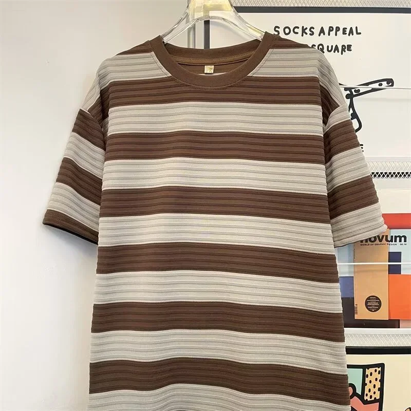 

2025 Summer Men's Preppy Style Striped Short Sleeve T-shirts Hip Hop Fashion Cotton Tee Tops Y2K Vintage Streetwear T Shirts