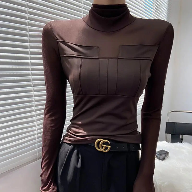 가을 여성을위한 하단 셔츠 인터넷 연예인 터틀넥 섹시한 약간 투명한 탑 다목적 하이 엔드 블랙 티셔츠