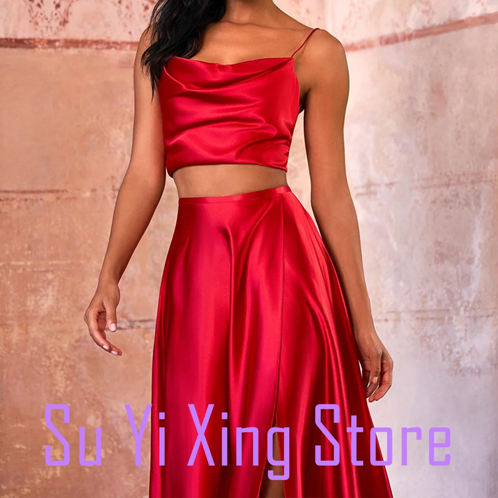 Zipper Back Sleeveless Satin Spaghetti Straps Boat Neck Floor Length Side Slit A-Line Delicate and Temperament Evening Dress