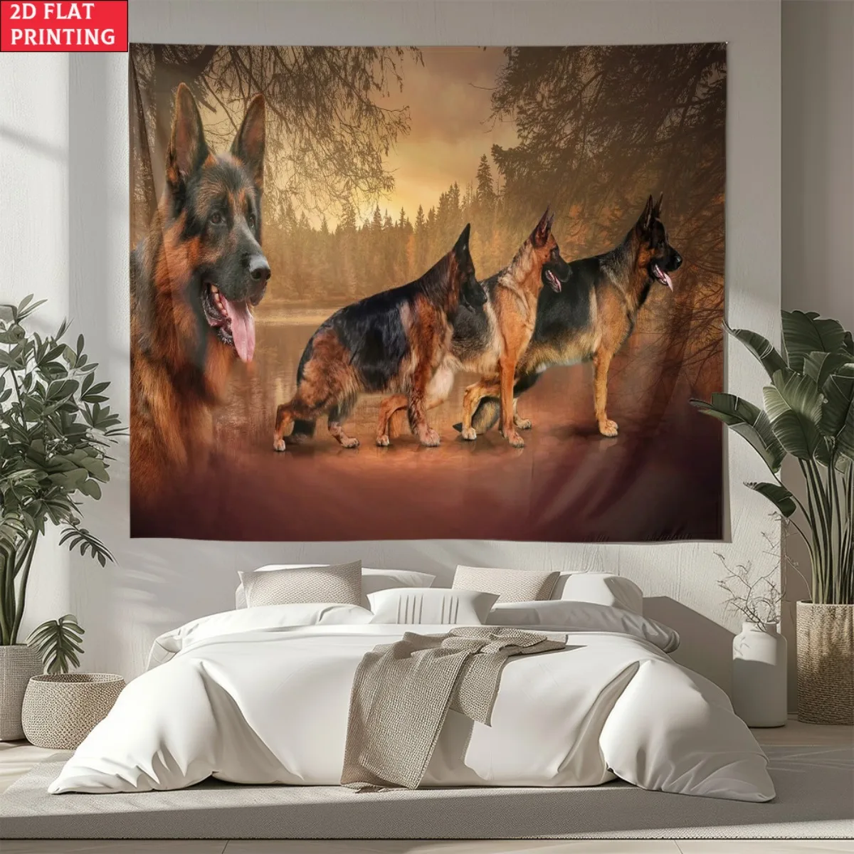 

Гобелен с немецкой овчаркой, искусство собаки, три собаки, лес, закат, пейзаж, настенный подвесной декор для любителей домашних животных, спальня, гостиная