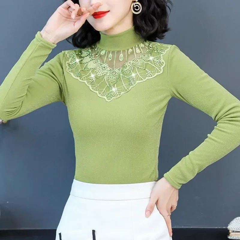 2023 جديد الخريف الدانتيل البطانة موضة عالية الرقبة العصرية الماس الرائعة الحرير الكلاسيكية ركاب كم طويل قميص متعدد الاستخدامات #2