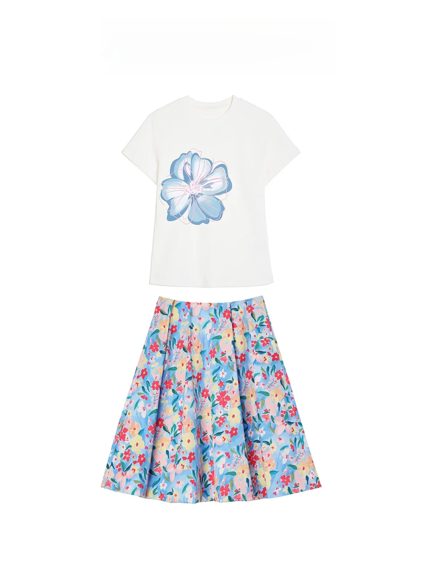 

Dopamine Blue Floral Half Skirt Set Women's Summer Beautiful Beach Vacation Casual Fashion T-Shirt Skirt Combo