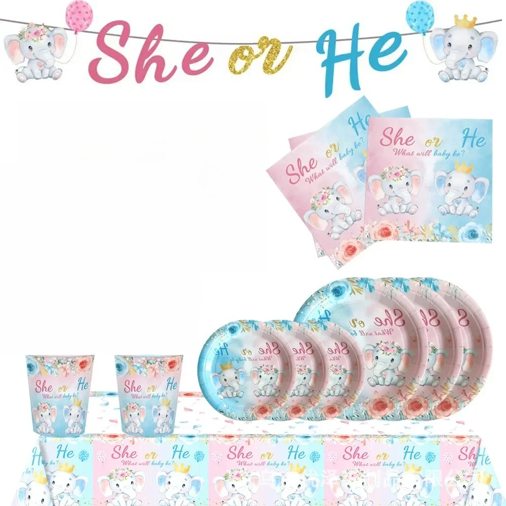 16 Stück Geschlecht enthüllt Baby Taufe Elefant Thema Geburtstag Szene Dekoration Party Supplies Einweg Pappbecher Teller Set