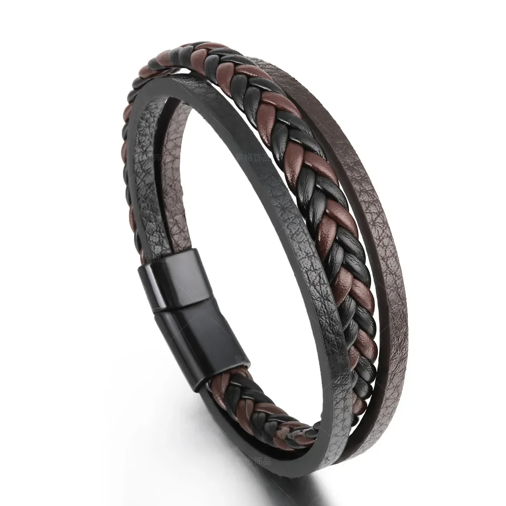 Charmsmic Vintage Tone Mens Brown Leather Bracelet & Bangles Alloy Magnetic Clasp Simple Design Multilayer Hand Jewelry