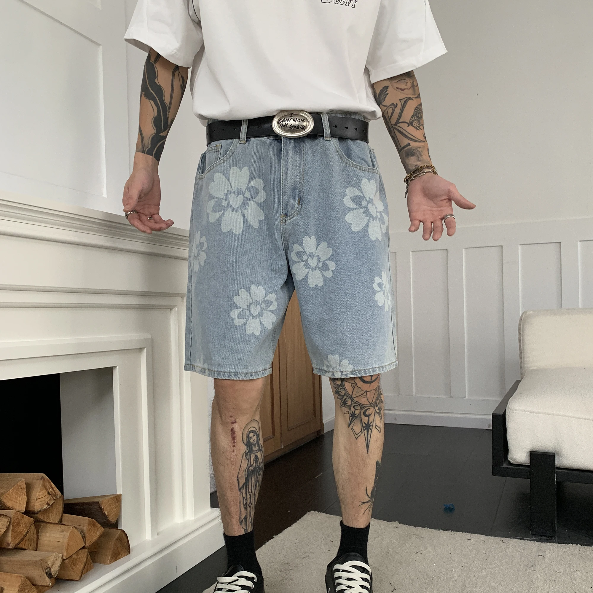 

Summer New Men's Denim Shorts Classic Style Flower Printing Blue Fashion Casual Slim Fit Short Jeans Male Cotton Shorts Jorts