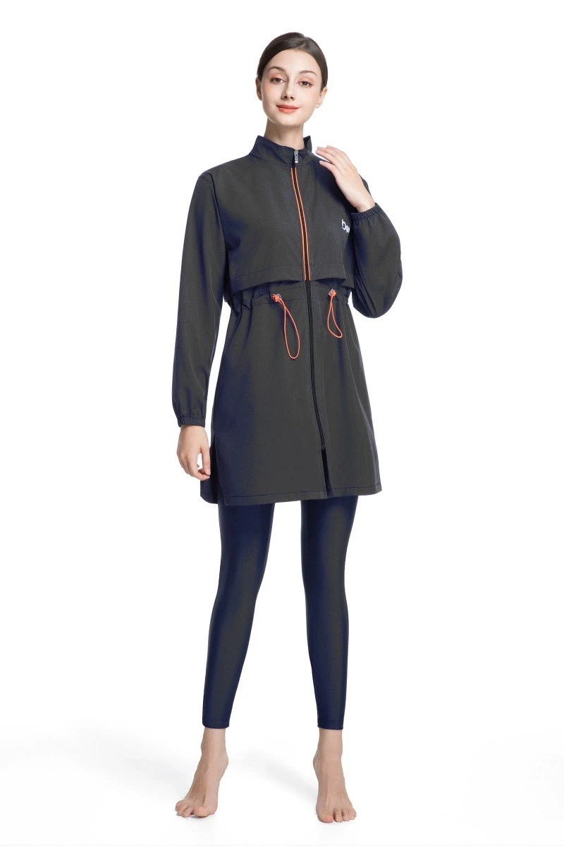 Ramadan Muslim 3-piece swimsuit women Middle Eastern Hui conservative Arab solid color zipper swimsuit long sleeved pants