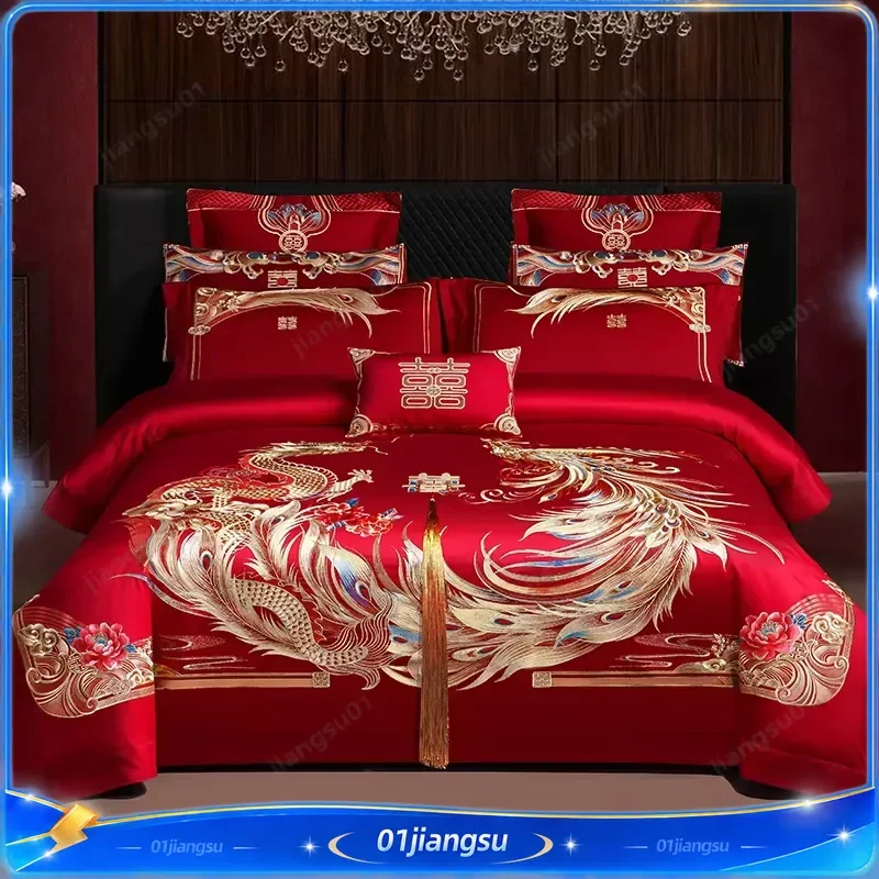 4 6 9 Pcs Red Luxury Chinese Golden Dragon Phoenix Embroidery Wedding Bedding Set 100 Cotton Duvet Cover Bed Sheet