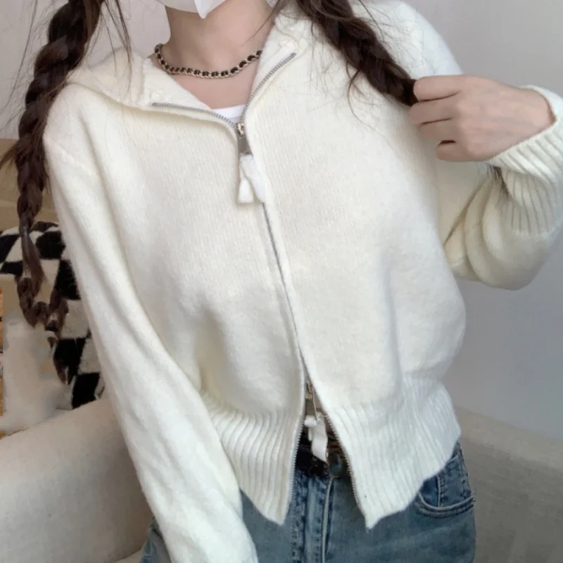 Autumn Women Soft Zipper Sweater Solid Color Hooded Knit Cardigan Short Tops Jacket All-match Preppy Style Comfy Sweater Outfit