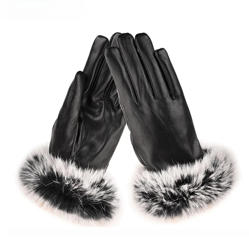 الوردي النساء قفازات فو الجلود أرنب الفراء قفازات السيدات القيادة الأسود شاشة تعمل باللمس المرجان المخملية الشتاء الصوف الدافئة القفاز الإناث