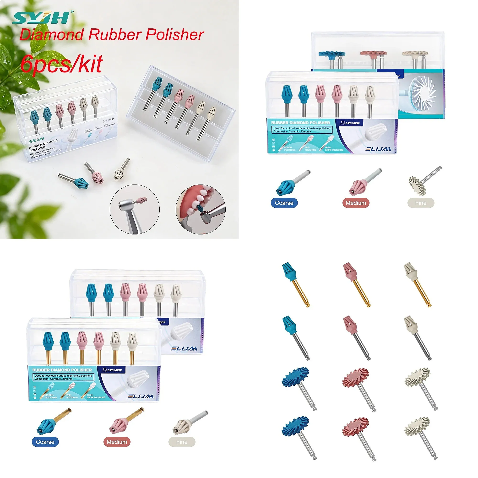 Dentals 6Pcs RA Rubber Diamond Eagle Polisher Spiral Flex Brush Coarse Medium Fine Teeth Whitening Polishing