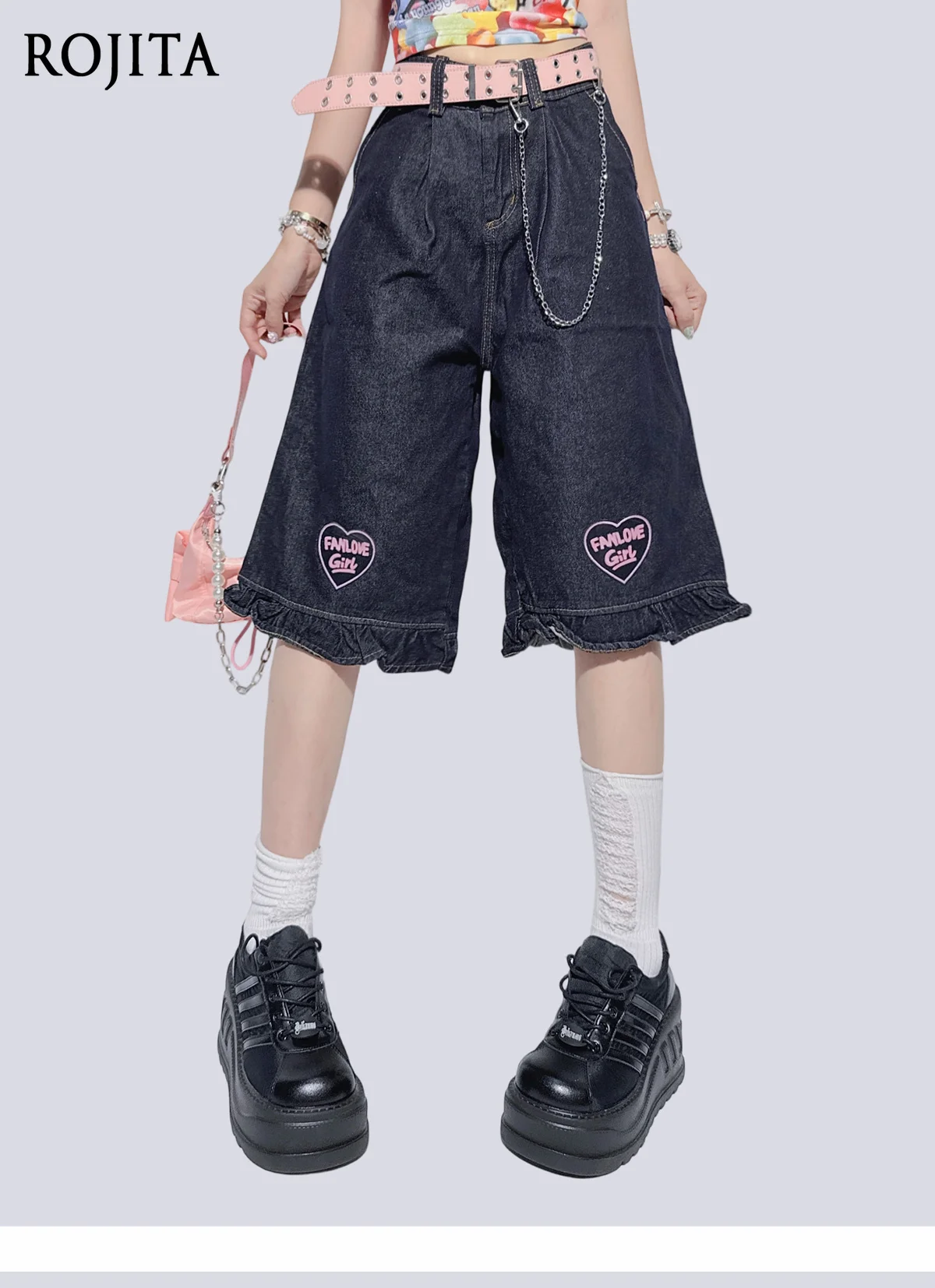 

American Washed Old Wide-leg Tooling Cropped Pants Women's 2025 Autumn New Ruffle Edge Splicing Shorts Denim Shorts