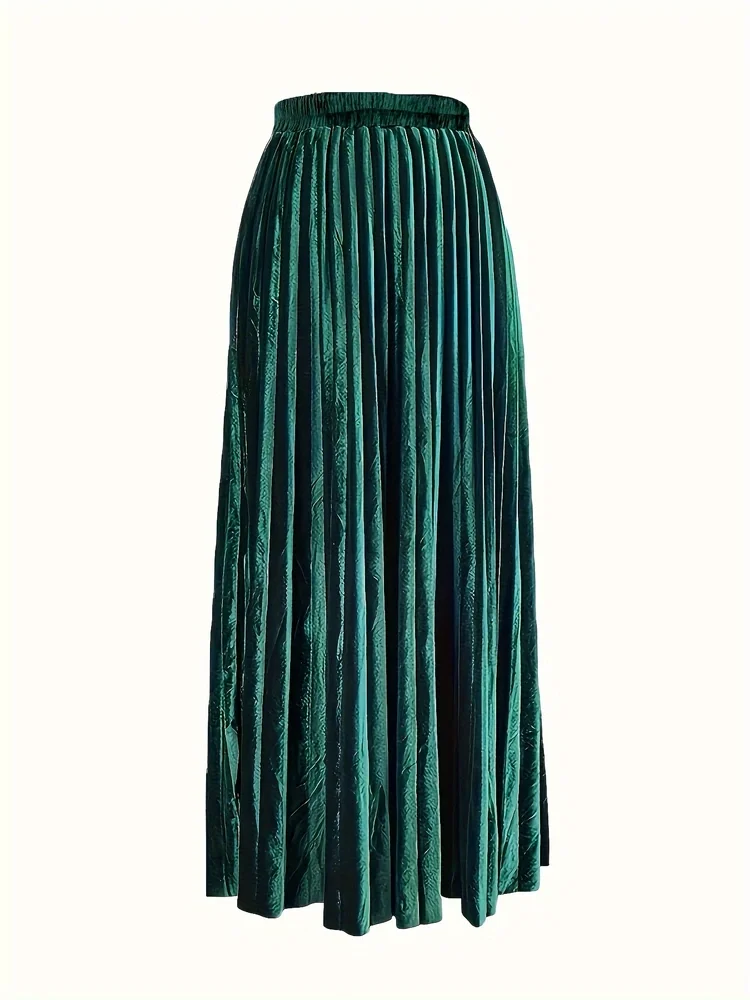 Autumn New Fashion Plus Size Women's Velvet Half Skirt Pleated Elegant Vintage Casual A-Line Elastic High Waist Long Skirts