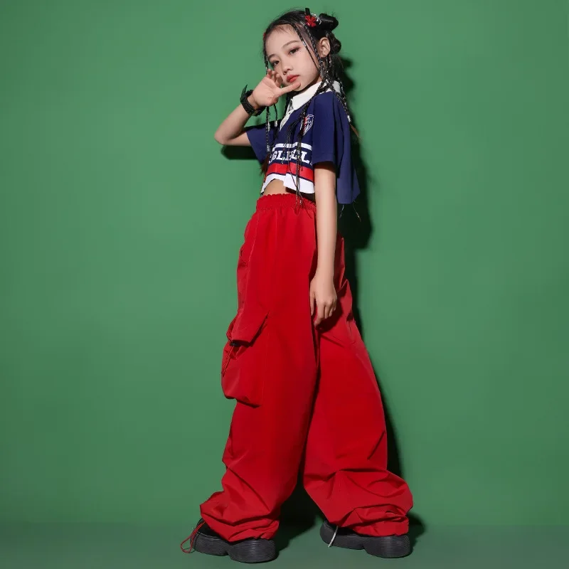 New Hip Hop Dance Clothes for Kids Crop Top Red Cargo Pants Teenage Girls Kpop Costume Concert Group Stage Performance Outfits