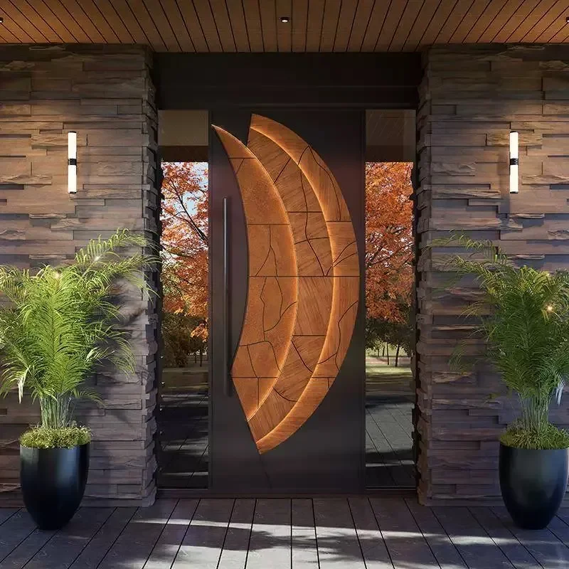 Cast Aluminum Entry Glass Door Villa Double Open Wood Grain Off Axis Entrance Door for Rural Self Built House Courtyard