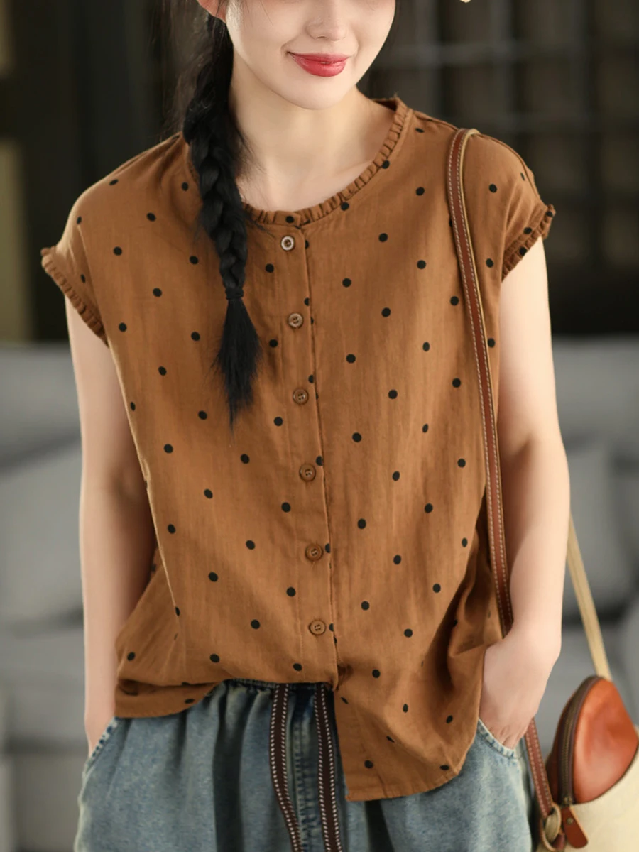 

Retro Polka Dot Cotton Shirt Women's Gauze Collar Sleeveless Single Button up Top Summer Fashion Breathable Loose Fit Blouse