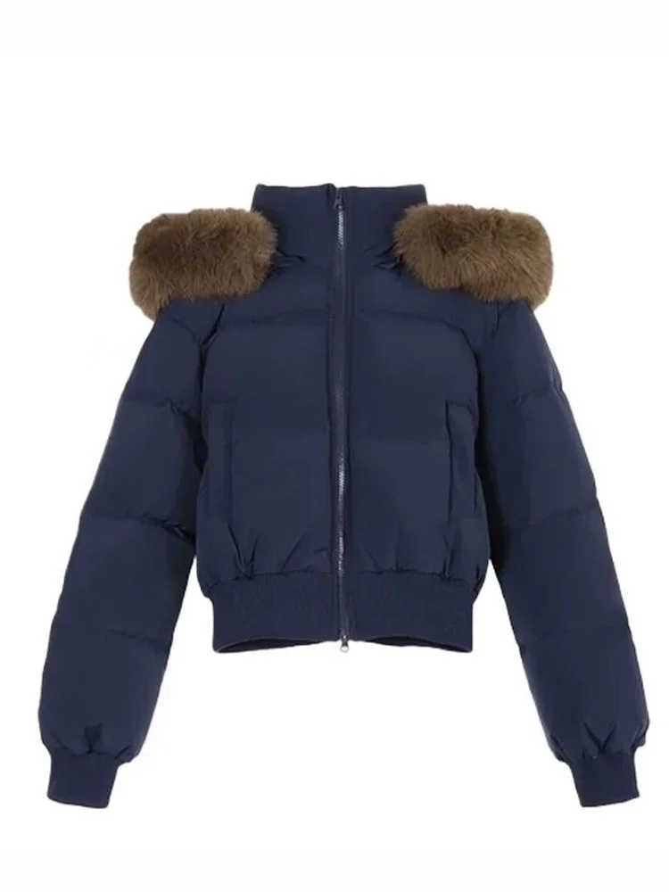 Lady Navy Blue Cropped Hooded Puffer Jacket With Faux Fur Collar Zip‑up Loose Short Cotton Padded Coat Winter Warm Outerwear