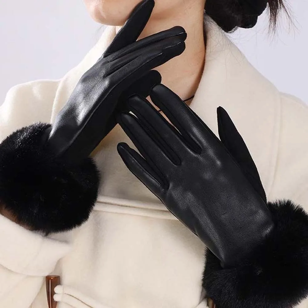 Fleece Lined Leather Gloves Anti-splash Water Fur Cuff Touchscreen Gloves Longer Wrist Suede Fabric Thermal Handwear Snow Travel