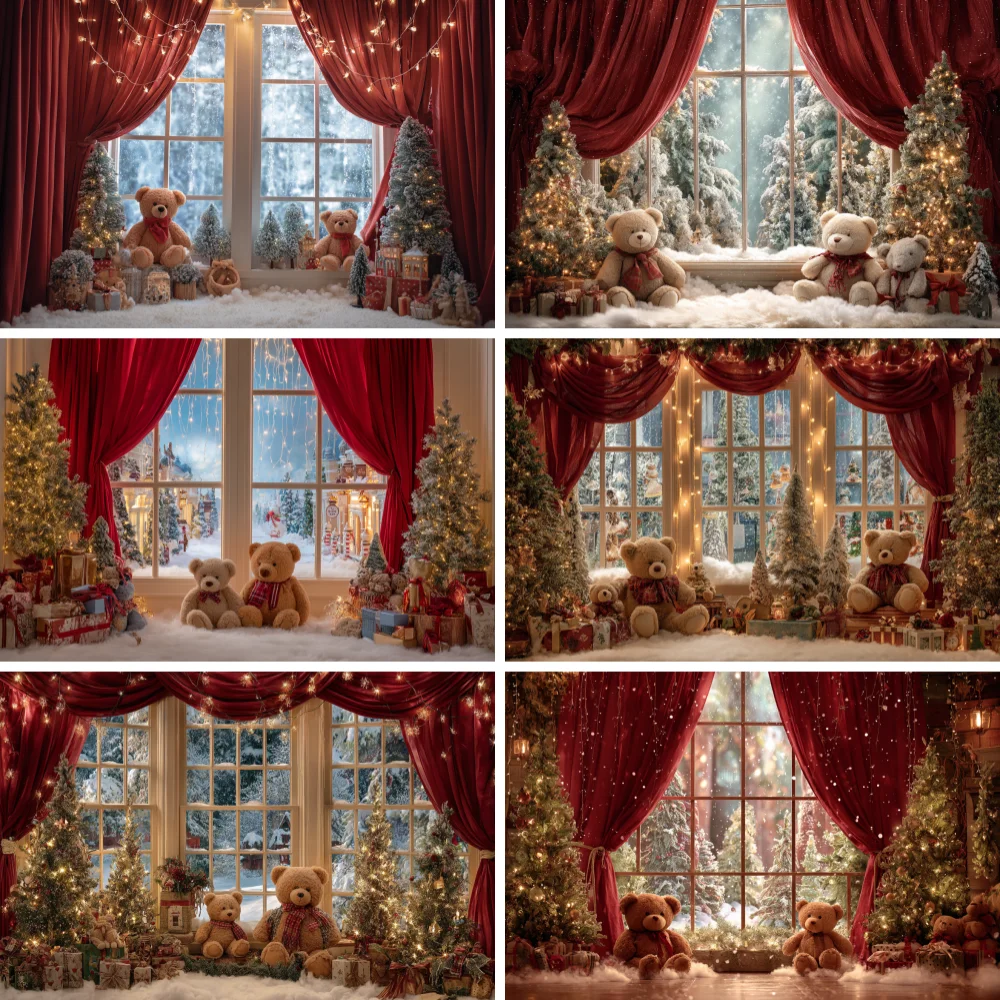 

Christmas Background Xmas Tree Toy Bear for Winter Window Room Outdoor Decoration Banner Kids Portrait Photo Props