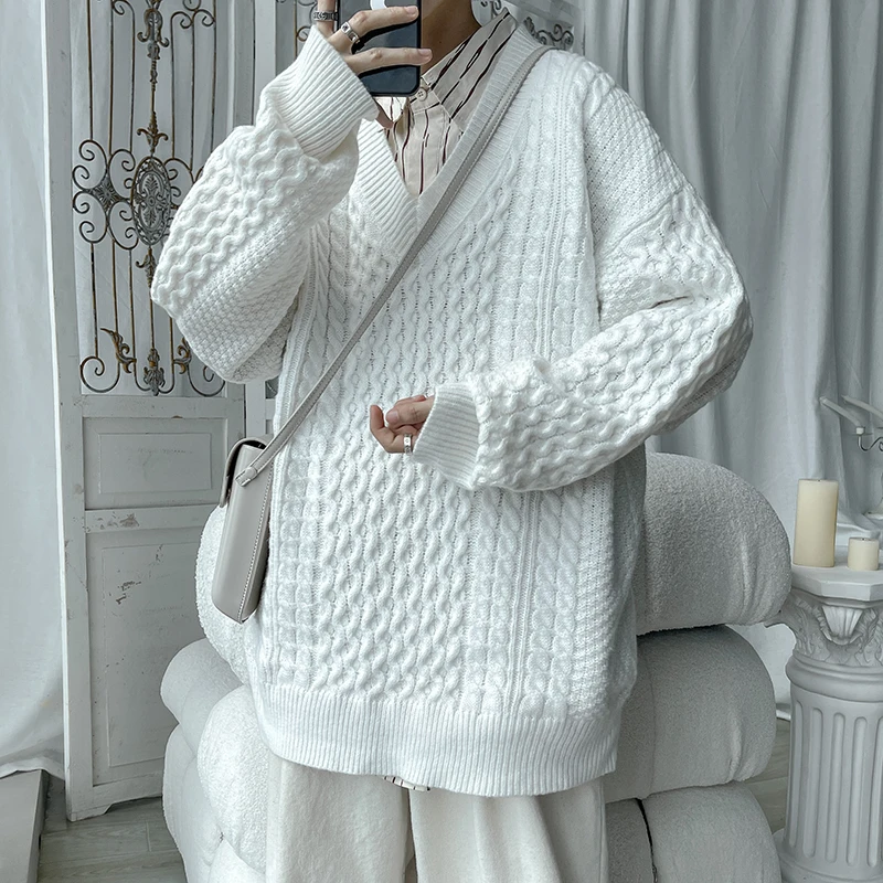 Winter Sweater Men Warm Oversized Casual Knitted Pullover Men Korean Loose V-neck Long Sleeved Sweater Mens Jumper Clothes