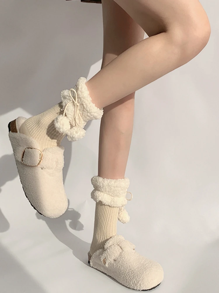 Tube Socks Women's Pure Color Plush Cute with Tassel Fur Ball Thickened Warm Leg Shaping Autumn  Winter Lambswool Simple Fashion