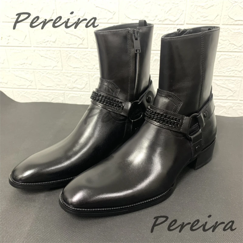 

Autumn Winter Chain Strap Short Boots Black Pointed Toe Genuine Leather Zipper Chelsea Boots British Style Trendy Men's Shoes