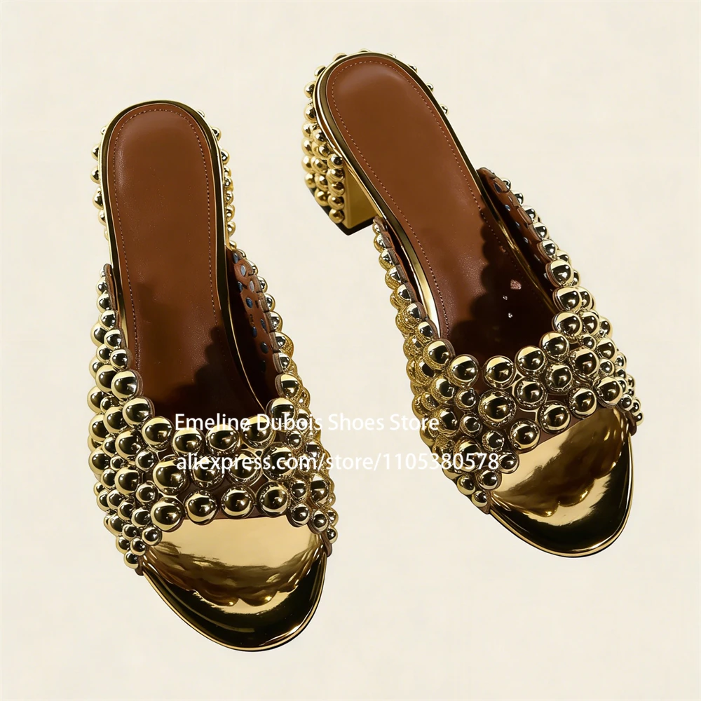 Gold Metal Leather Slippers with Bead Upper Round Toe Chunky Heel Slip on Mules for Party Nightclub Women Summer Shoes Plus Size