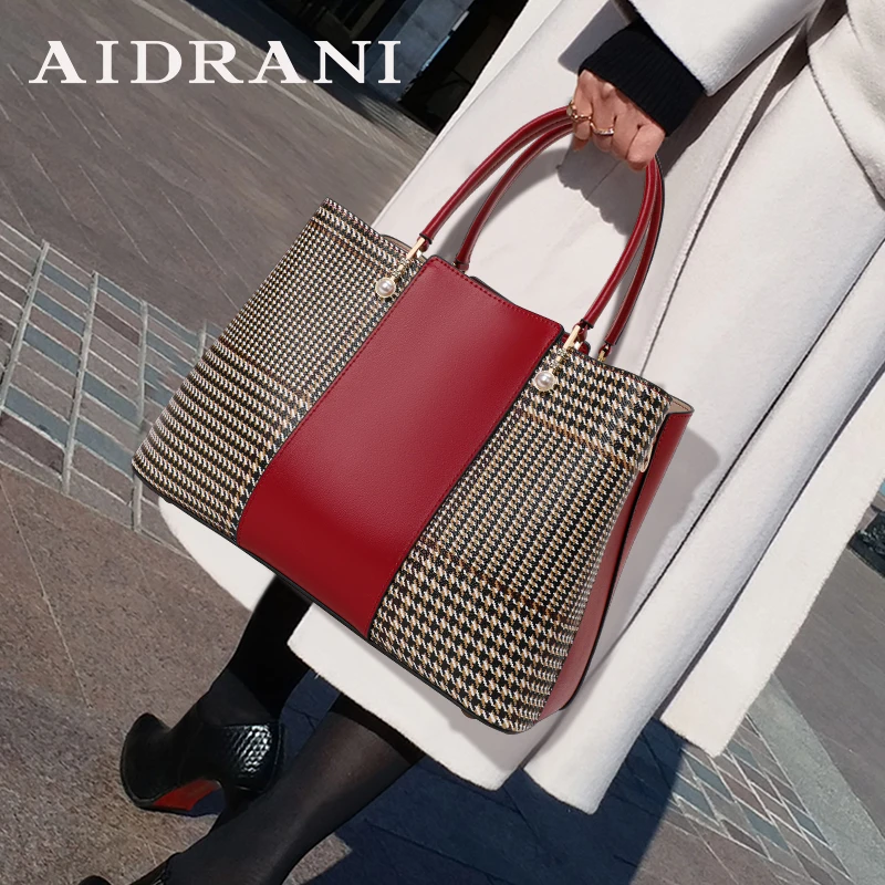 Aidrani  New high-capacity cowhide women's bag, fashionable contrasting color handbag, red