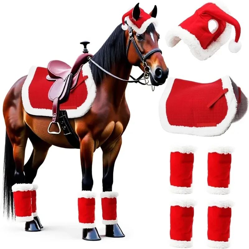 Spot 6-piece set, Christmas horse leg guard, Santa Claus horse hat, multi-functional Christmas saddle pad.