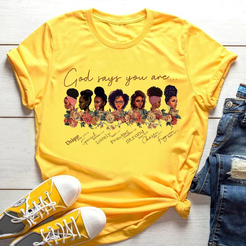 Female Casual Tshirts Summer New Fashion Melanin Black Girls Graphic Print Yellow T-Shirt Women Cartoon Short Sleeve Tops Tee