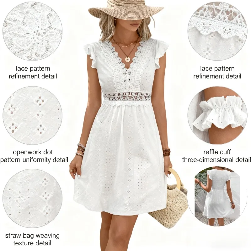 Mini robe à œillets en dentelle blanche pour femmes, manches à volants, col en v, taille ajourée, style Boho, robe de plage, de soirée, été