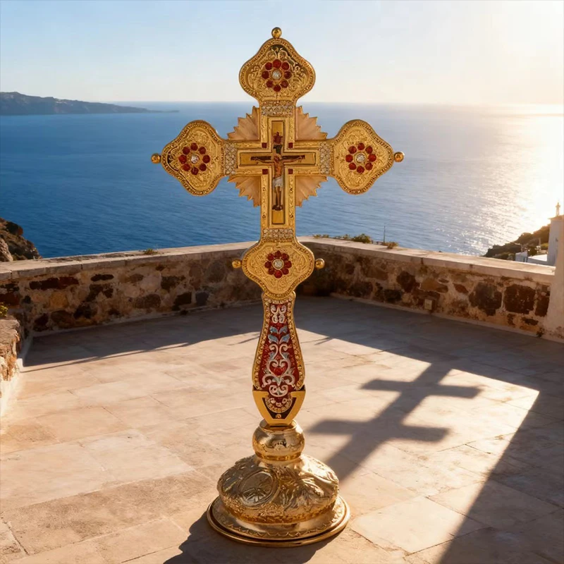 Vergoldetes Orthodoxes Standkreuz mit Emaille- und Kristalleinlage und Kruzifix-Ikone, Hochwertiges Kirchenaltar-Kreuz für Liturgie und spirituelle Zwecke – Detail 9