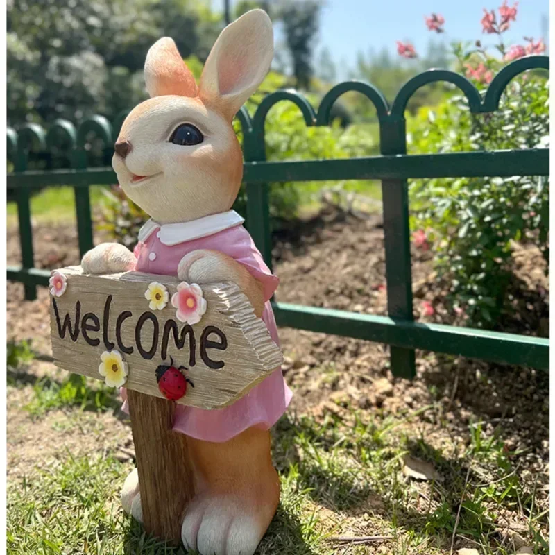 Cute Rabbit Wayfinding Resin Painted Animal Ornaments Garden Lawn Miniature Items Kindergarten Standing Style Welcome Sign