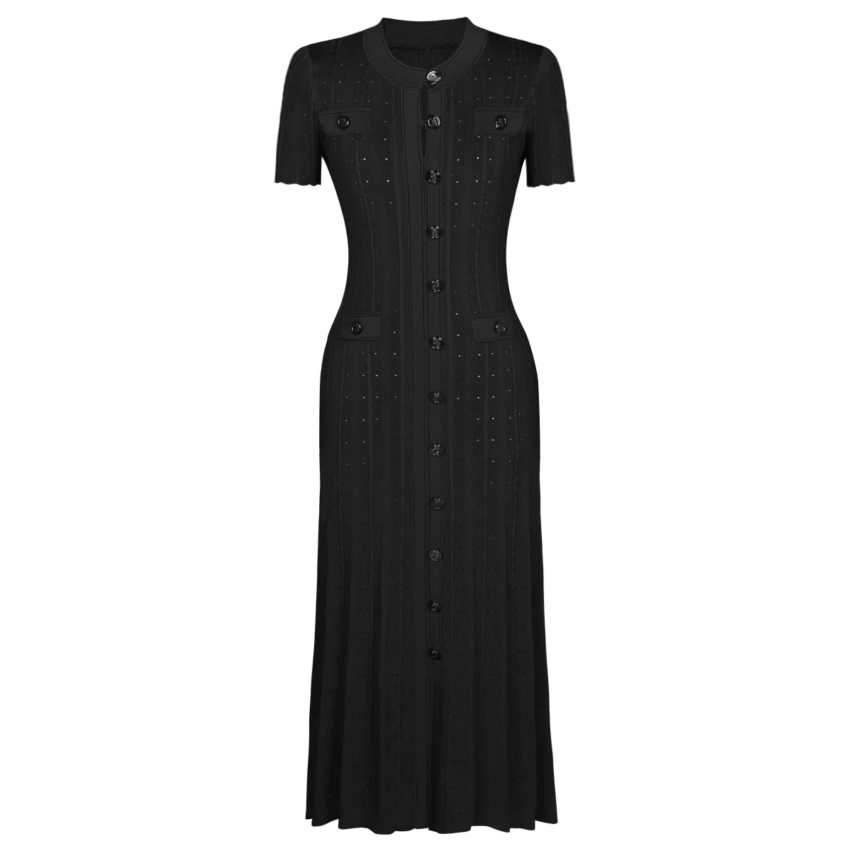 Fashionable Elastic Knitted Hollow Round Neck Single Breasted Short Sleeved Slim Fit Women'sThree Color High-quality New  Dress