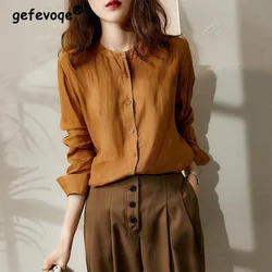 Standing Collar Caramel Shirt 2023 Autumn New Fashion Single Row Multi Buckle Splicing Button Long Sleeve Versatile Blouses