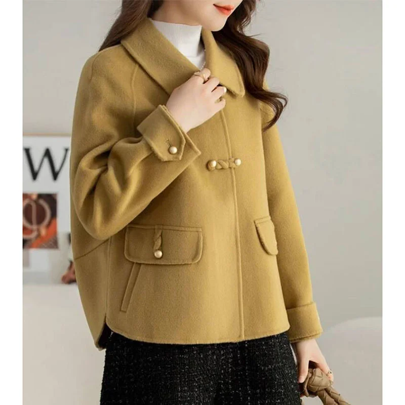 Abrigo de lana de terciopelo de doble cara para mujer, chaqueta de lana de gama alta, abrigo corto de mezcla de lana versátil, ropa de otoño e invierno