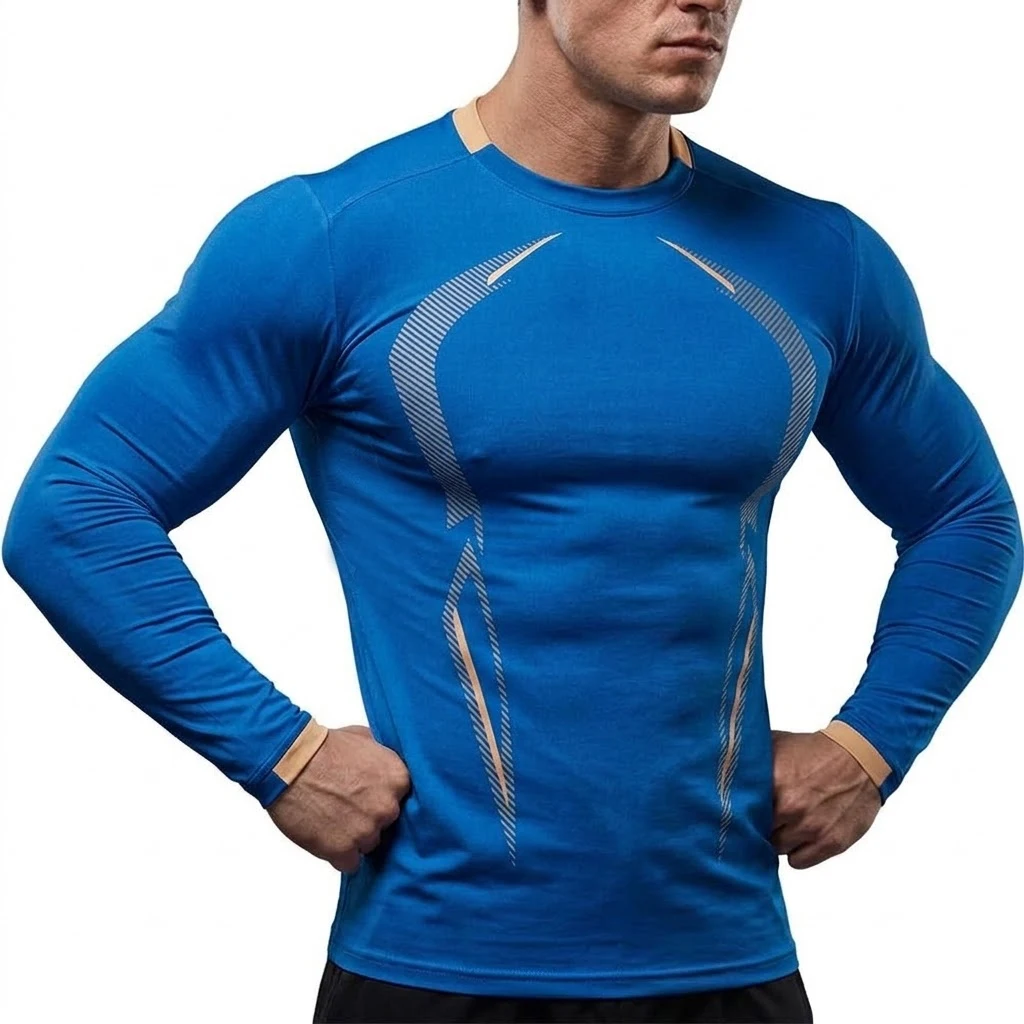 Herren-Langarmshirt, schnelltrocknend, sportlich, für Fitnessstudio, Workout, eng anliegend, schmal geschnitten, atmungsaktiv, für Bodybuilding und Sport. – Detail 14