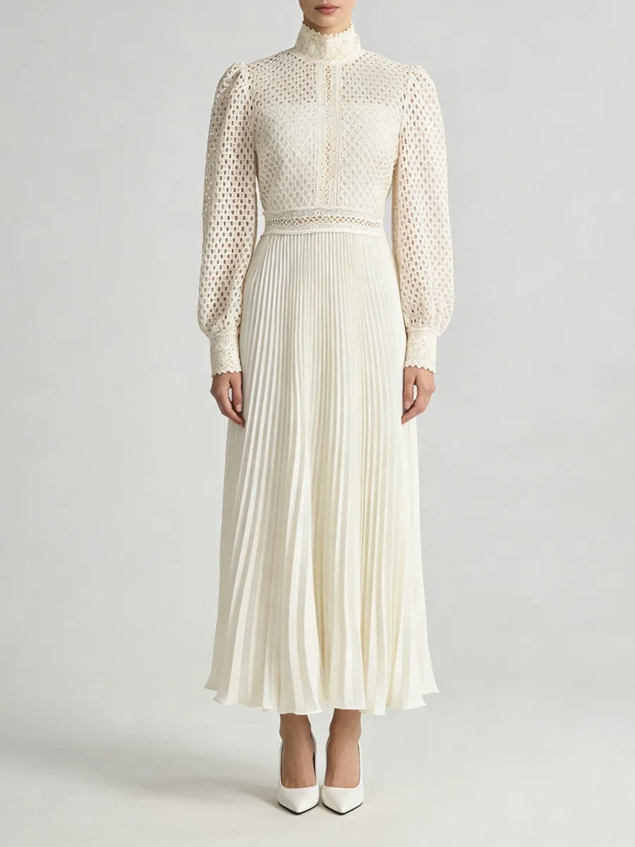 TWOTWINSTYLE Solid Hollow Out Spliced Embroidery Elegant Dresses for Women High Neck Long Sleeves Tunic Casual Dress Female New