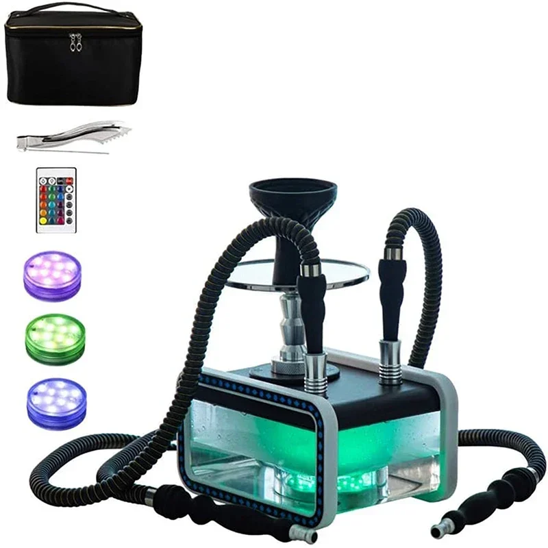 2 Hose Hookah Set, Micro Cuboid Acrylic Shisha With Travel Bag Portable Complete Narguile Set With Magical Remote LED Light