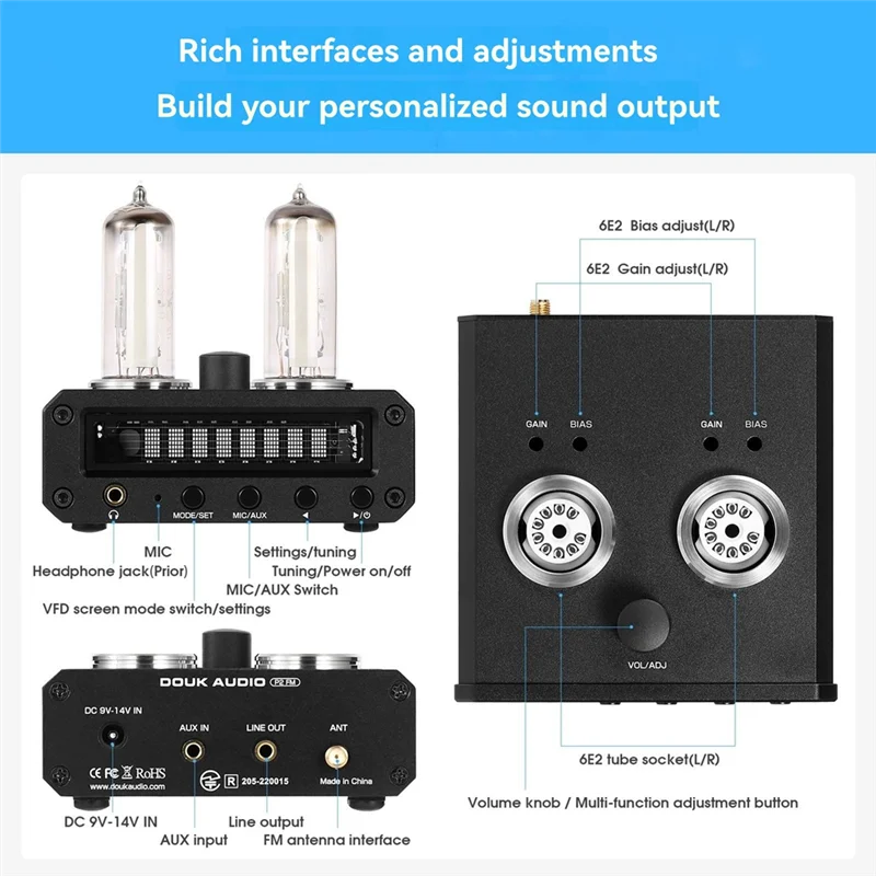 ABSY P2-FM Magic 6E2 Preamp Stereo Headphone Amp With Sound Level Indicator FM Radio VFD Clock