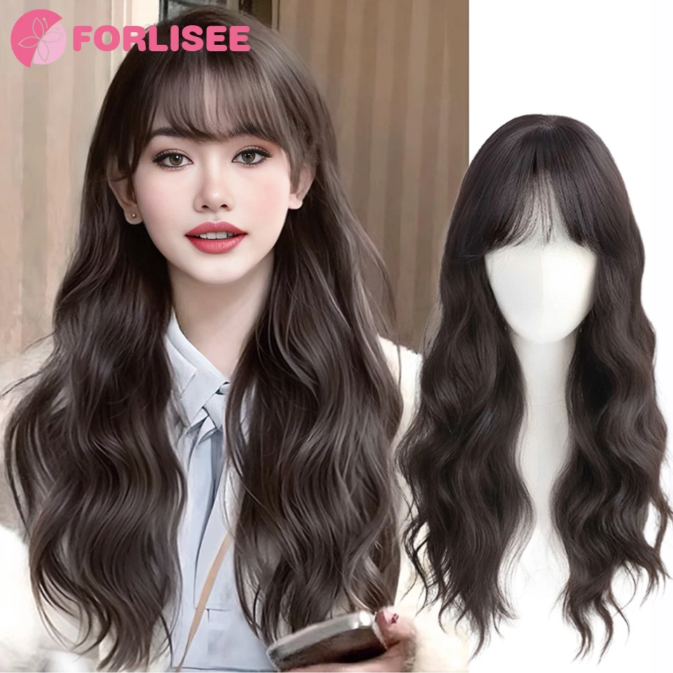 Synthetic Long Curly Topper Wig Clip in Hair Extensions Natural Fluffy Head Top Fake Hair Piece with Bang Clip Black Brown